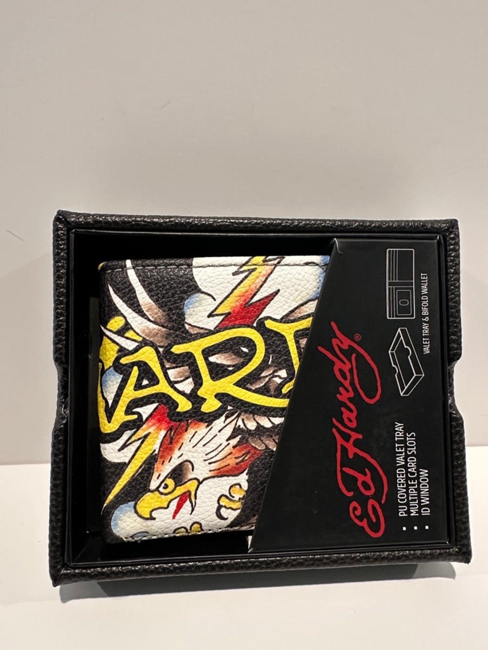 NWT Ed Hardy Men’s Bifold Wallet with Card, ID, Coin and Bill slots.